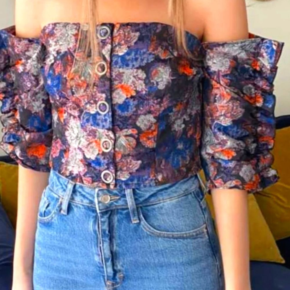 H&M Orange Purple Blue Jacquard Floral Off Shoulder Crop Top SZ 10